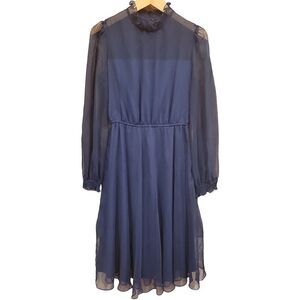 Vintage 1960s Edith Flagg California Navy Blue Chiffon Long Sleeve Dress L XL